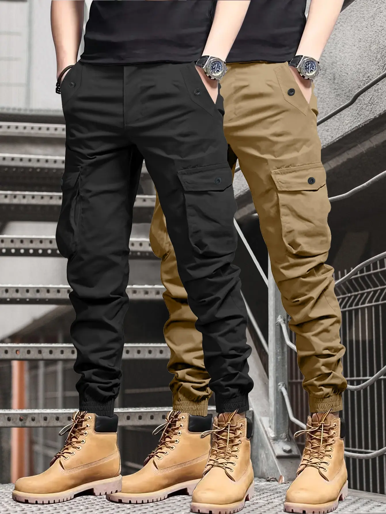 2-Pack Men’s Multi-Pocket Cargo Joggers, Casual Work Pants with Elastic Cuffs, Lightweight Tactical Pants, Street-Style Hiking Pants for Men, Tactical Pants with Elastic Waist and Narrowed Fit, Multi-Pocket Design, Suitable for Work, Hiking, Streetwear, A