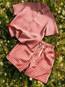 Unisex design, casual street style, summer checkered short-sleeved collar shirt + adjustable waist shorts set, two-piece outfit. Mini flower embroidery design, loose fit, breathable and comfortable. Perfect for streetwear, #spring, #springfashion. Ideal f