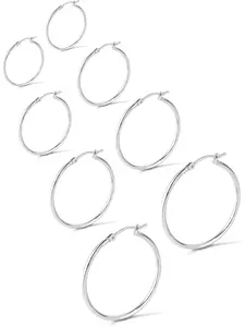 4 Pairs Post Hoop Earrings for Women - Small 14K Gold Plated Hoop Earring Set, Hypoallergenic Lightweight Thin Silver Hoops for Sensitive Ears- Medium Big Stack Earrings for Women