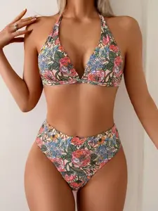 Women's Two-Piece Tropical Print Sexy Triangle Bikini Set, Beach Swimwear with Tie-Back Straps, Summer Fashion Swimsuit