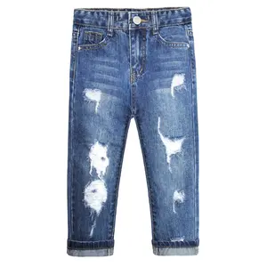 KIDSCOOL SPACE, 3-14T Boys & Girls Washed Cuffed Jeans, Solid Slim Softness Denim Pants For Daily Wear