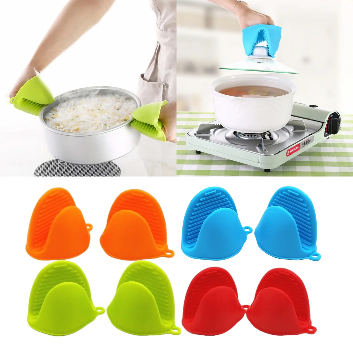 Thick Insulated Bakeware Oven Mitts & Potholders Set - 4 Pairs (8-Piece) Heat Resistant Kitchen Tools for Grilling, Baking (Red, Orange, Blue, Green)