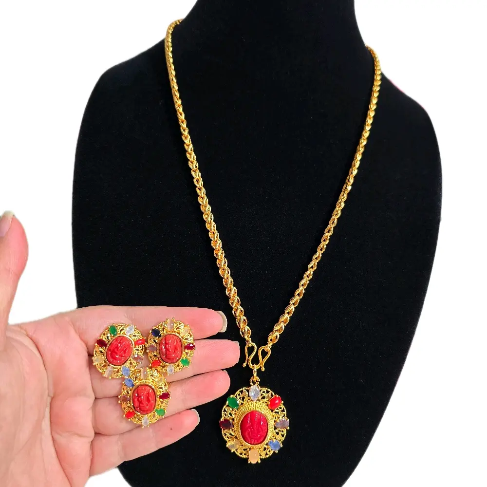 Traditional Nepali Indian Desi Navratna pendant stud ring set