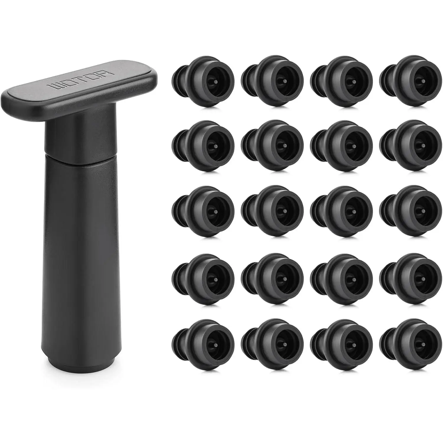 Plastic Saver Vacuum Pump with 20 Stoppers - Durable Home Use Bottle Sealer & Preserver, Flat Handle Kitchenware/Bar Utensils, Includes Customer Support