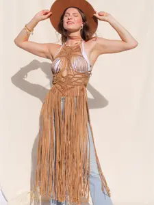 Gold Halter Dress with open back. Intricate Macrame fringe gold layering dress, festival outfit, beach cover up