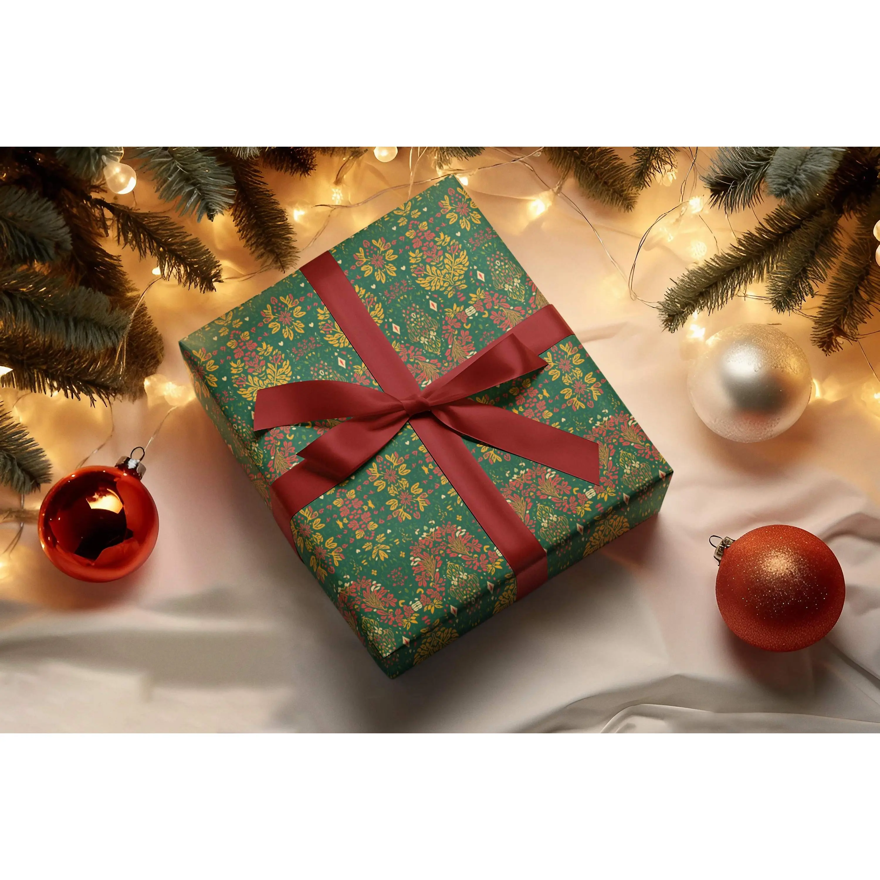 Holiday Floral Tribal Wrapping Paper – Green & Red Afrocentric Christmas Print