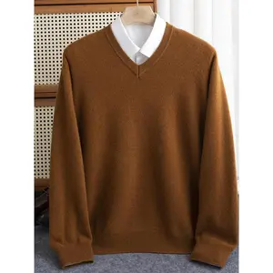 Men 100% Merino Wool Sweater V-Neck Pullover Autumn Winter Cashmere Warm Solid Knitwear Clothes Business Bottoming Soft Tops
