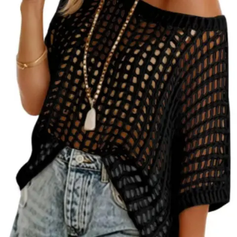 Dokotoo Plus Size Women's Summer Crew Neck Short Sleeve Top Knitwear, Casual Fashion Knitwear, Casual Everyday Breathable Knit Top with Mesh Pattern, Comfortable, Fit and Stylish Design