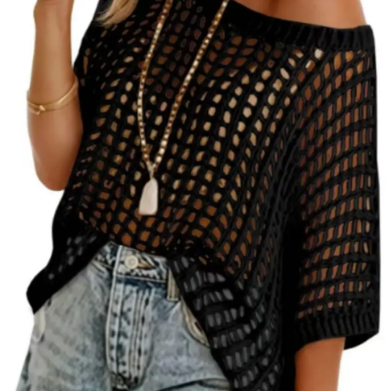 Dokotoo Plus Size Women's Summer Crew Neck Short Sleeve Top Knitwear, Casual Fashion Knitwear, Casual Everyday Breathable Knit Top with Mesh Pattern, Comfortable, Fit and Stylish Design