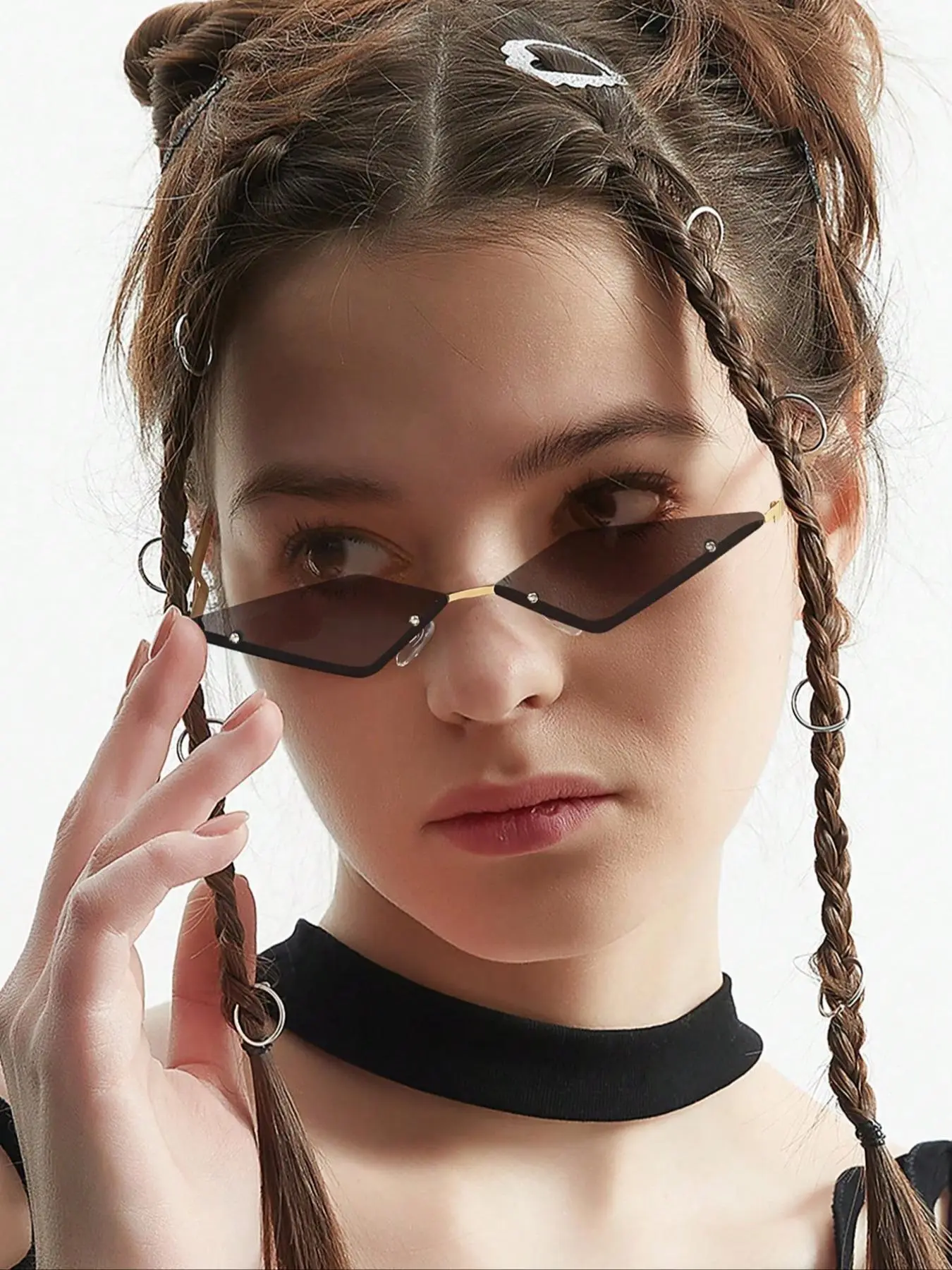Vintage 90s Frameless Fashion Diamond Sunglasses, Steampunk Y2K Candy Color Cat Eye Glasses for Parties, Party Sunglasses, Trendy Retro Eyewear Accessories, Stylish Sunglasses, Summer Trendy Sunglasses