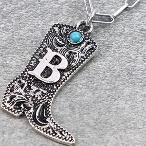 Cowboy Boot Initial Pendant Necklace 18 Inch Paper Clip Chain with Lobster Clasp Closure Unique Accessory