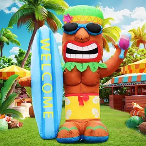 5FT Giant Tiki Luau Inflatables, Tiki with Surfboard and Wine Glass, Hawaiian Summer Tropical Beach Blow Up Party Decor, with Built-in LED Lights for Outdoor Yard Lawn Holiday Decoration