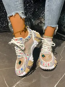 Women's Breathable Mesh Sneakers, Spring Summer Casual Shoes, Thick Sole Retro Print Design, Comfortable Daily Wear Footwear