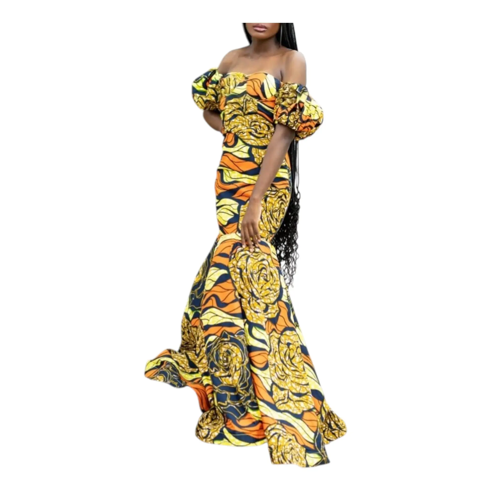 Women's Fitted Flared Full-Length Cotton Ankara Mermaid Dress - GIMBIYA Flower Rose Pattern, Sleeves, Ideal for Family Photoshoots, 1-Piece Casual Dress
