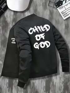 Men's Zipper Jacket with Back Print, Religious Statement Coat, Stand Collar Windproof Top for Church Daily Formal Occasions
