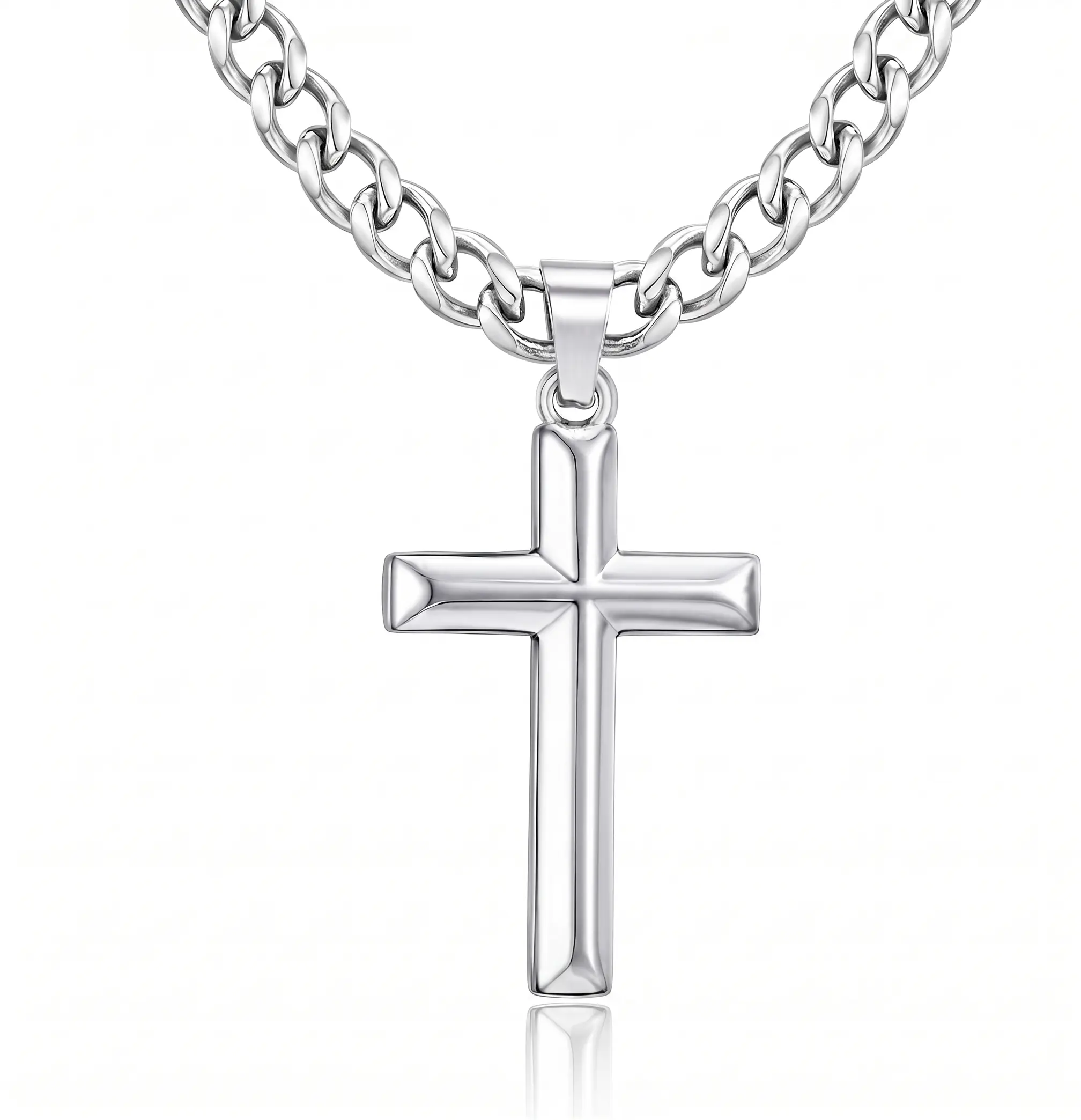 Unisex Stainless Steel Cross Necklace — Stainless Steel Cross Pendant Jewelry (Silver / Black) with Cuban Chains (18–26 inches)