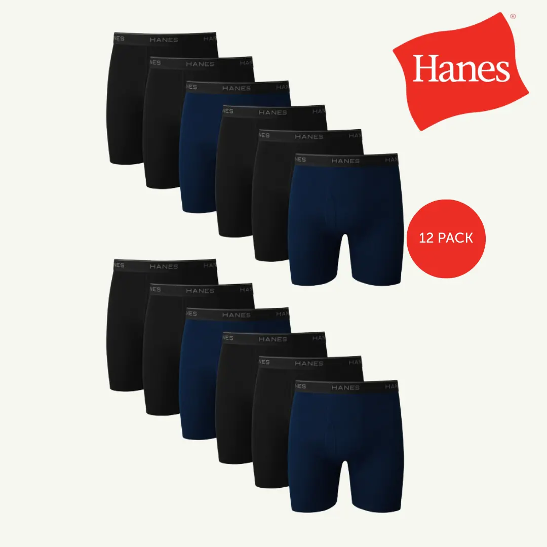 Hanes Men's Underwear Boxer Brief Pack, 12-Pack, Moisture-Wicking Cotton Briefs Hanes Men's Underwear Boxer Brief Pack, 12-Pack, Moisture-Wicking Cotton Briefs