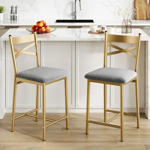 Set of 2 PU Upholstered Seat Counter Height Bar Stools Set with Footrest & Soft Back, Metal Barstools Set with Wide Upholstered Seat for Kitchen Island, Counter Bar, Dining Room