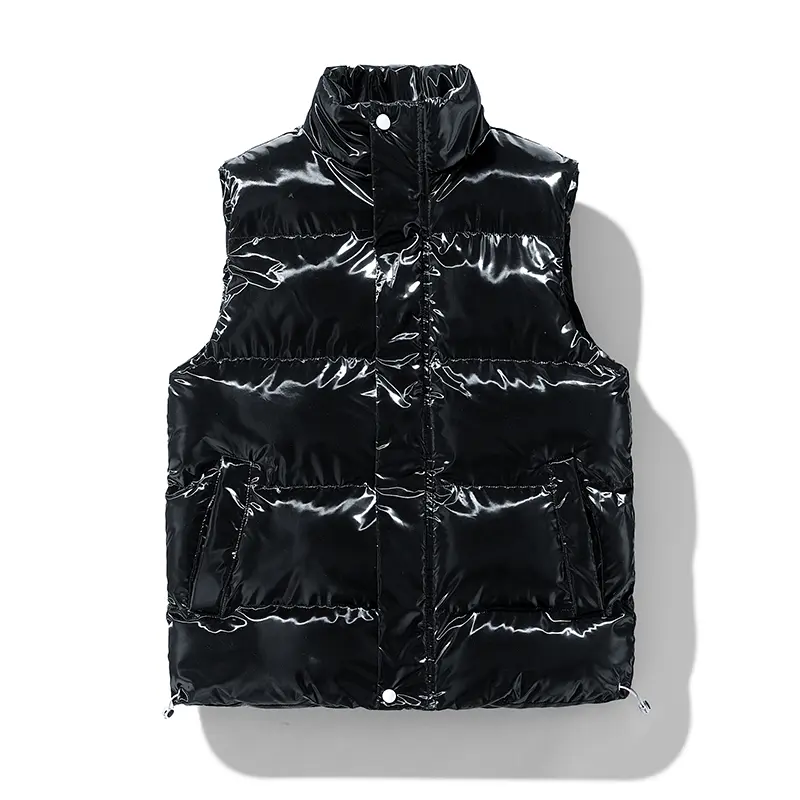 Men's Glossy Puffer Vest, Stylish Stand Collar Sleeveless Top, Thickened Warm Outerwear for Casual Autumn Layering, Tops, Menswear