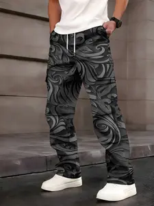One-piece men's cargo pants with ink swirl texture Print, cool and personalized style, multi-pocket design, Casual Street Trousers