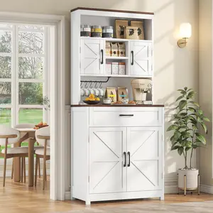 69.3" Tall Farmhouse Kitchen Pantry Cabinet with 2 Barn Doors 1 Drawer & Storage Shelves MDF Board Durable Buffet Cupboard for Halloween Christmas Thanksgiving New Year