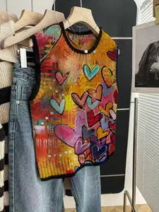 Women's Casual Loose-Fitting Round Neck Sleeveless Knit Top, Deep Blue Border Color Block Tank Heart Print, Fall & Winter Fashion, Womenswear, Spring, Lady