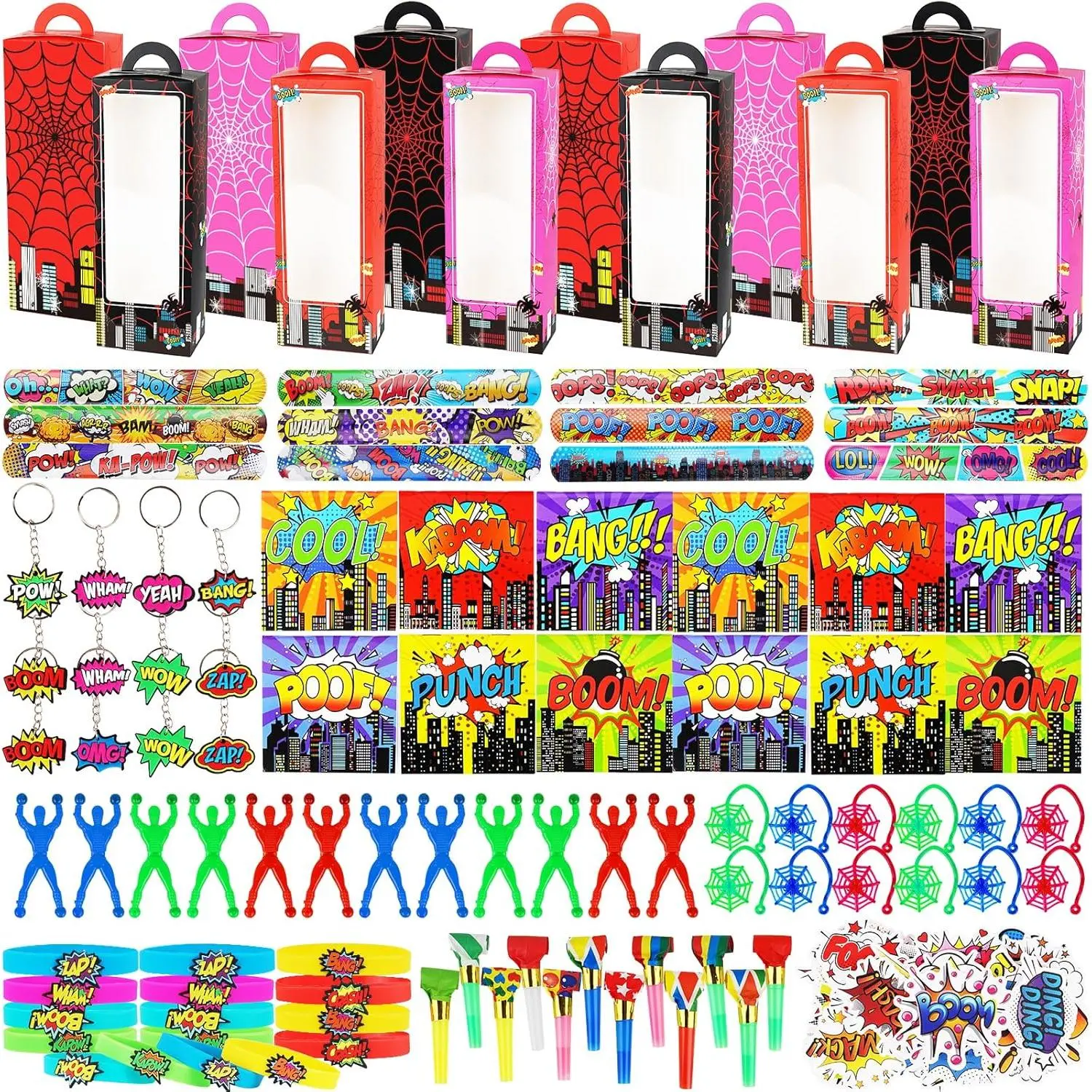 146pcs hero party favors for kids goodie box stuffers include mini notebooks slap bracelets keychain blowing dragon stickers sticky hands toy for carnival classroom prizes birthday party gifts