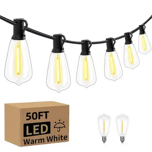 SEURON Outdoor Patio Light 50/100FT Waterproof String Lights 25+2/50+4 ST38 LED Filament Shatterproof Bulbs Energy-Saving UL Listed for Christmas Party Cafe 1/2-Pack 50FT Decorative Lighting Warm White Light Connectable String Lights