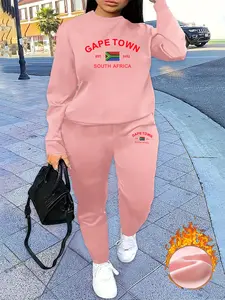 Women's Casual Graphic Print Fleece Lined Sweatshirt Set, Long Pants Two-Piece, Fashionable Autumn Winter Clothing