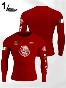 Men's Sporty Long Sleeve T-Shirt, Spring & Fall Fashion Round Neck, Mexican Eagle Snake Letter Pattern, Comfortable Streetwear, Athletic Letter Print