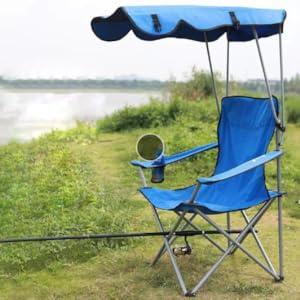 New Upgrade Wide lawn chair, camping chair with foldable sunshade, suitable for beach camping, foldable outdoor fishing/sports | Comes with two cup holders and storage bag