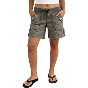Flamingals Button Tab Roll Hem Drawstring Mid Waist Mid Thigh Shorts Womenswear Stretchy 5.5" Inseam Summer