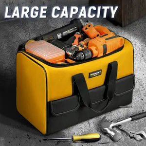 WINHUNT Large Tool Bag, 17 inch Wide Mouth Tool Organizer Bag for Home Repairs,Garage StorageDouble Zipper, Yellow and Black, 16.9 x 11.8 x 9.8 inch
