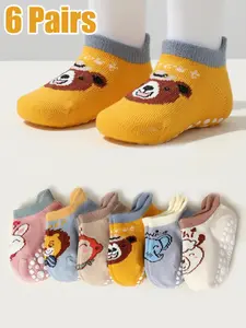 6 Pairs Kids Socks, Soft Comfy Socks, Baby Toddler Non-Slip Indoor Floor Socks, Cartoon Animal Design, Unisex Children Anti-Skid Socks for Boys & Girls