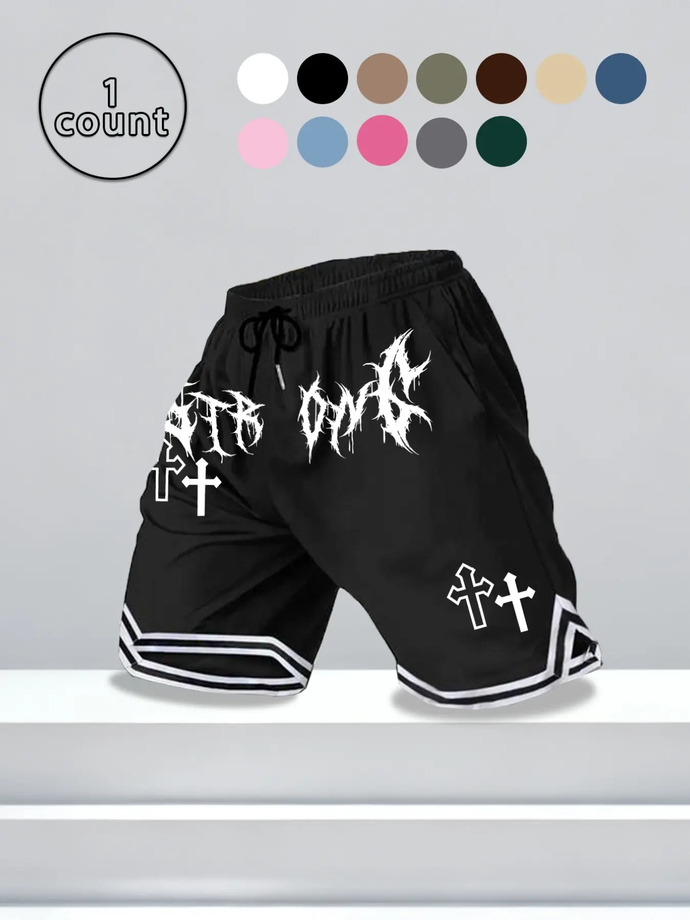 Men's Dark Aesthetic Cross Print Shorts, Lightweight Comfortable Drawstring Gym Shorts, Loose Fit Athletic Shorts, Summer Shorts, Drawstring Active Shorts, Drawstring Workout Shorts, Suitable for Daily Wear, Fitness, Casual Activities