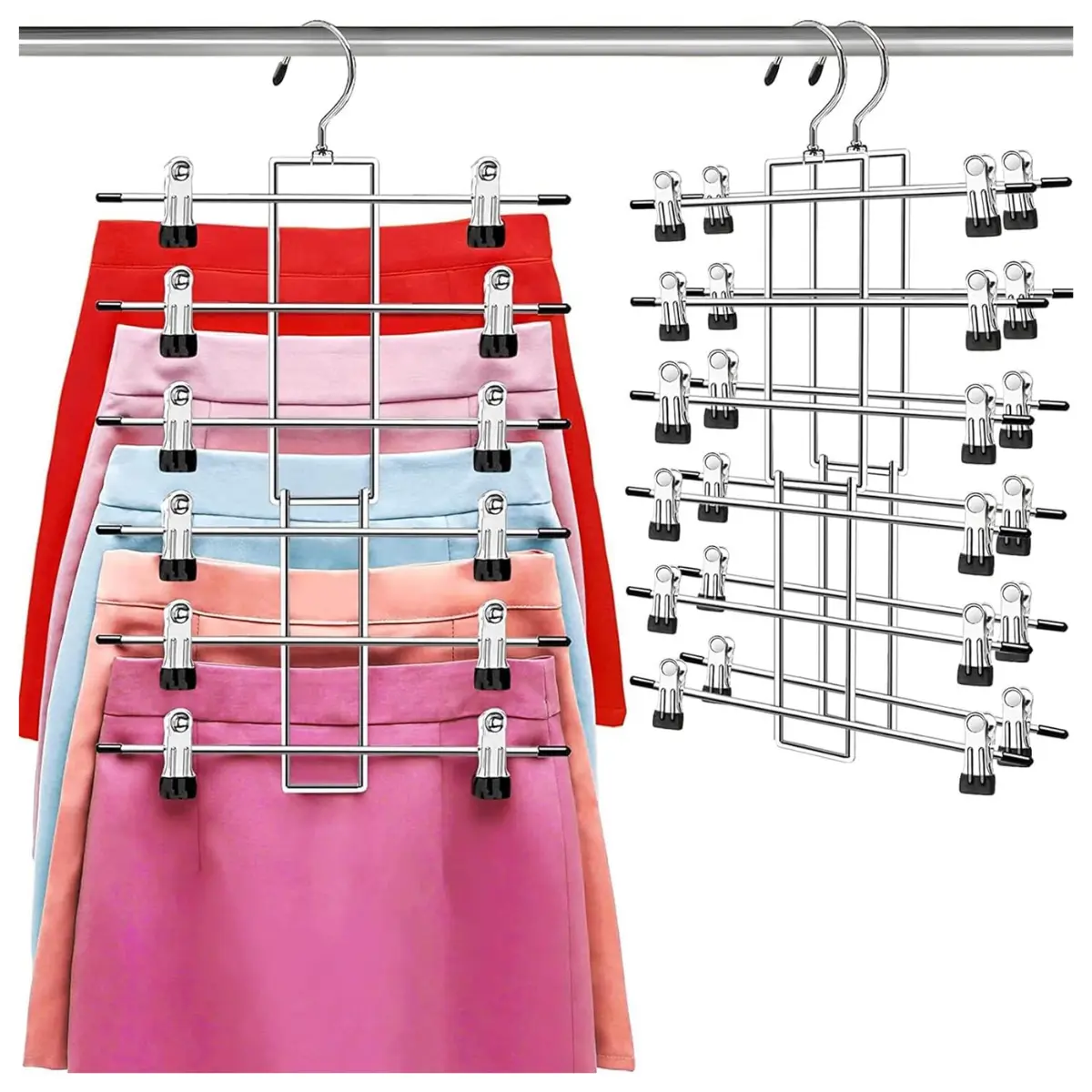 2pcs Pants Hangers, Space Saving Hanging Closet Organizer - 6 Tiers Skirt Hangers with 360° Swivel Hook, Hangers Space Saving with Clips
