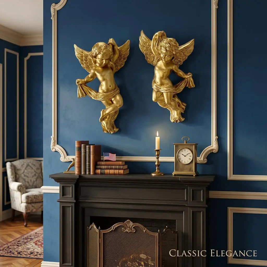 Classic Golden Cherub Angel Wall Ornaments (2-Piece Hangable Set) - Lightweight Hanging Home Supplies with Nail, Living Room Room Art, Mother’s Day Gift, Two Piece Set