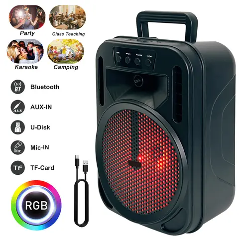 Dazone Wireless Portable FM Bluetooth Speaker 6.5 inch Subwoofer RGB Lights AUX-IN TF-Card Mic-IN for Karaoke Camping