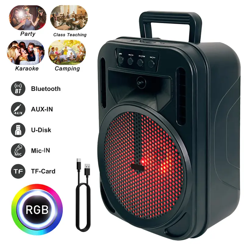 Dazone Wireless Portable FM Bluetooth Speaker 6.5 inch Subwoofer RGB Lights AUX-IN TF-Card Mic-IN for Karaoke Camping