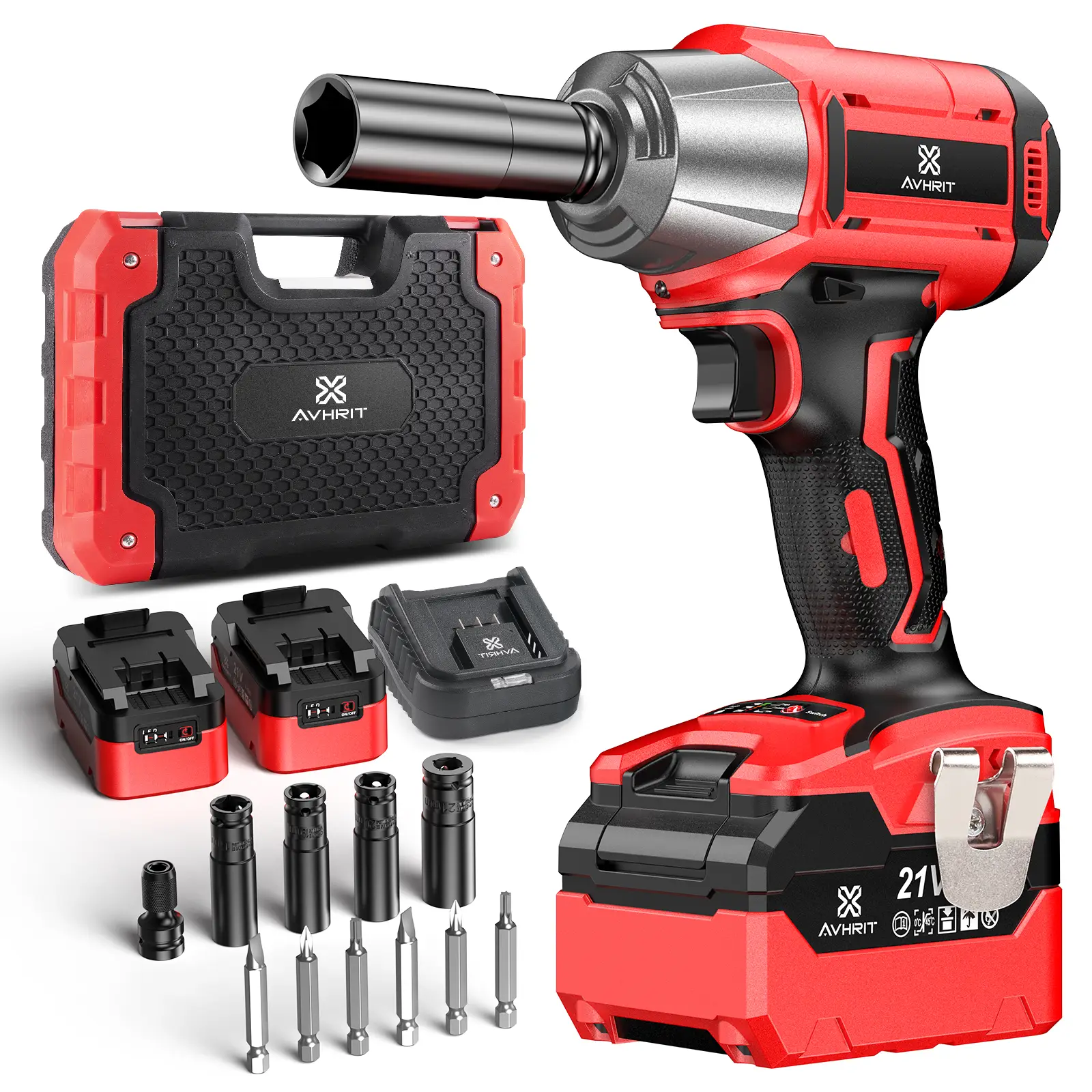 21V Cordless Impact Wrench,Rechargeable Battery Power Tools Brushless Dual-Purpose Wrench 1/2 inch, 4.0Ah Battery,6 Sockets, Fast Charger and Tool Box
