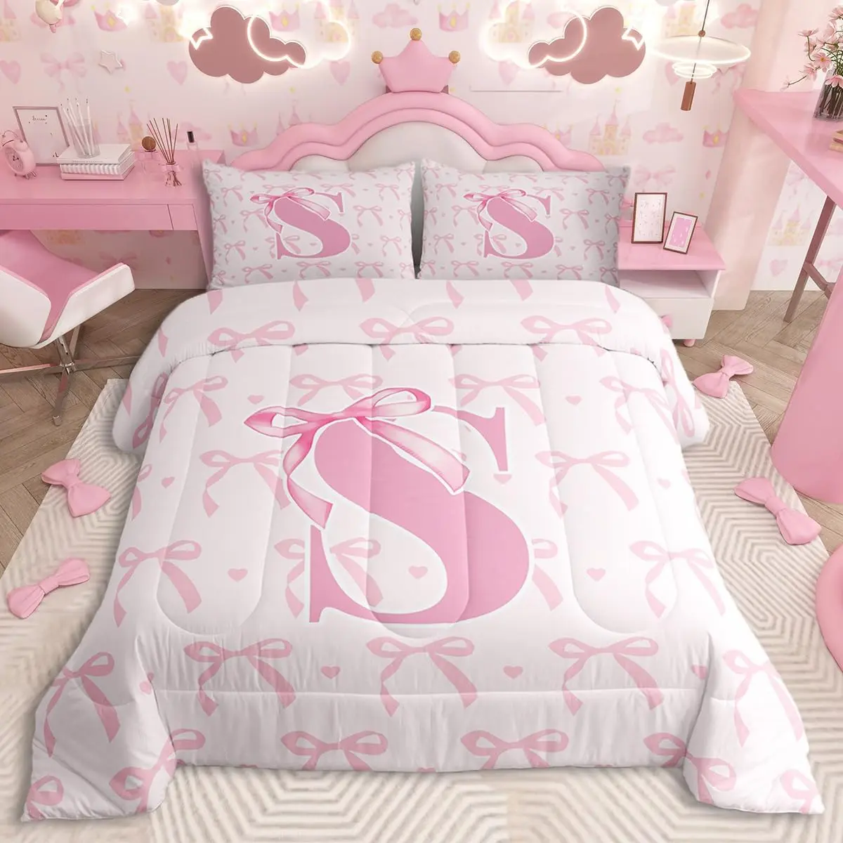 Cute Pink Bow Bedding Set Personalized Letter Comforter Set,Cute Coquette Bow Knot Ultra Soft Duvet Quilt,Initial Letter Comforter Monogrammed Bedroom Decor