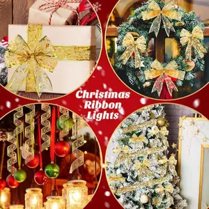 Christmas Ribbon Lights 5M/16.4ft 50 LED Battery Powered Copper Wire String for New Year Party Weddings | Christmas Ribbon String Lights for Party Weddings Holiday Christmas Tree Decorations Gold Warm Light Battery Powered