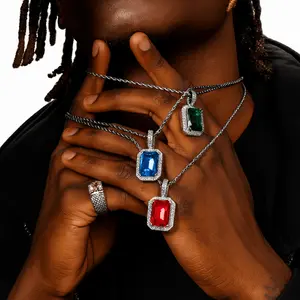 FRGD Sapphire Emerald Pendant Blue Green Square Iced Out Diamond Pendant Hip Hop with Diamond Accents and Clear Gemstone