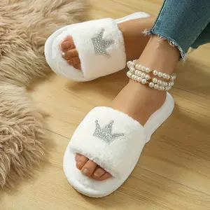[Luxurious Slippers] Soft, Luxurious Women’s Slippers |   Cozy Plush Slippers with Rhinestone Crown Accent, Open Toe Design, Warm Winter Home Shoes in Black, White, or Pink - Elegant, Indoor Comfort Footwear