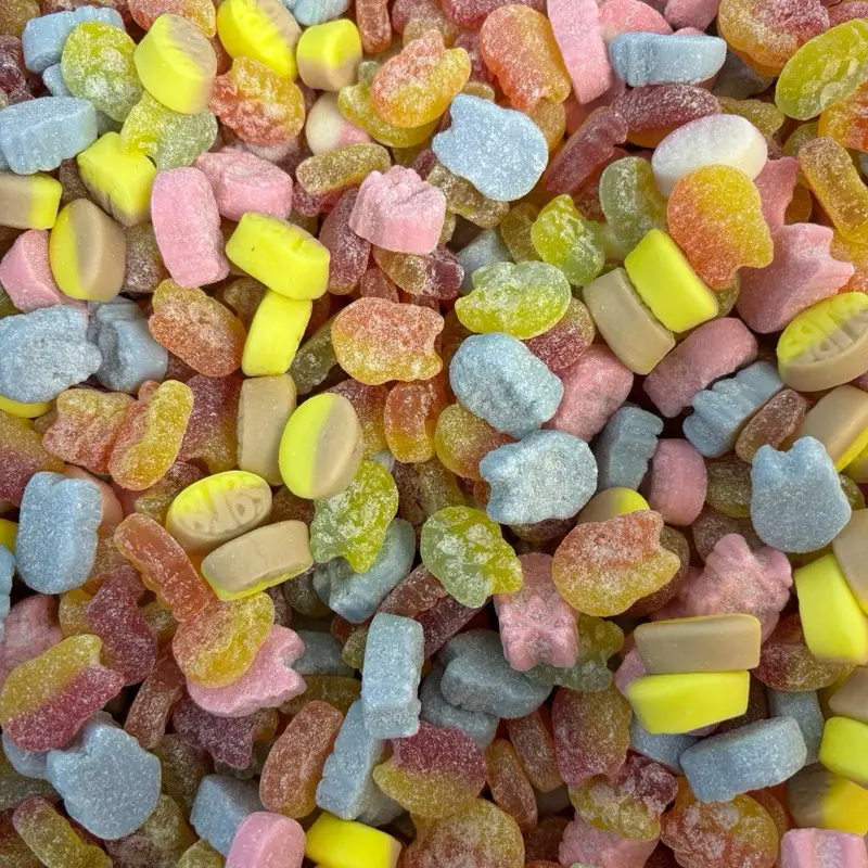 Swedish Candy Mini BUBS and skulls Sweet and Sour Half Pound Mix - raspberry/vanilla ovals, raspberry skulls, blueberry skulls, mini banana/caramel ov