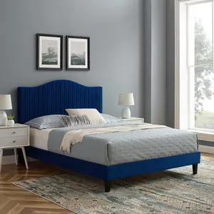 Modway Juniper Channel Tufted Performance Velvet King Platform Bed in Navy