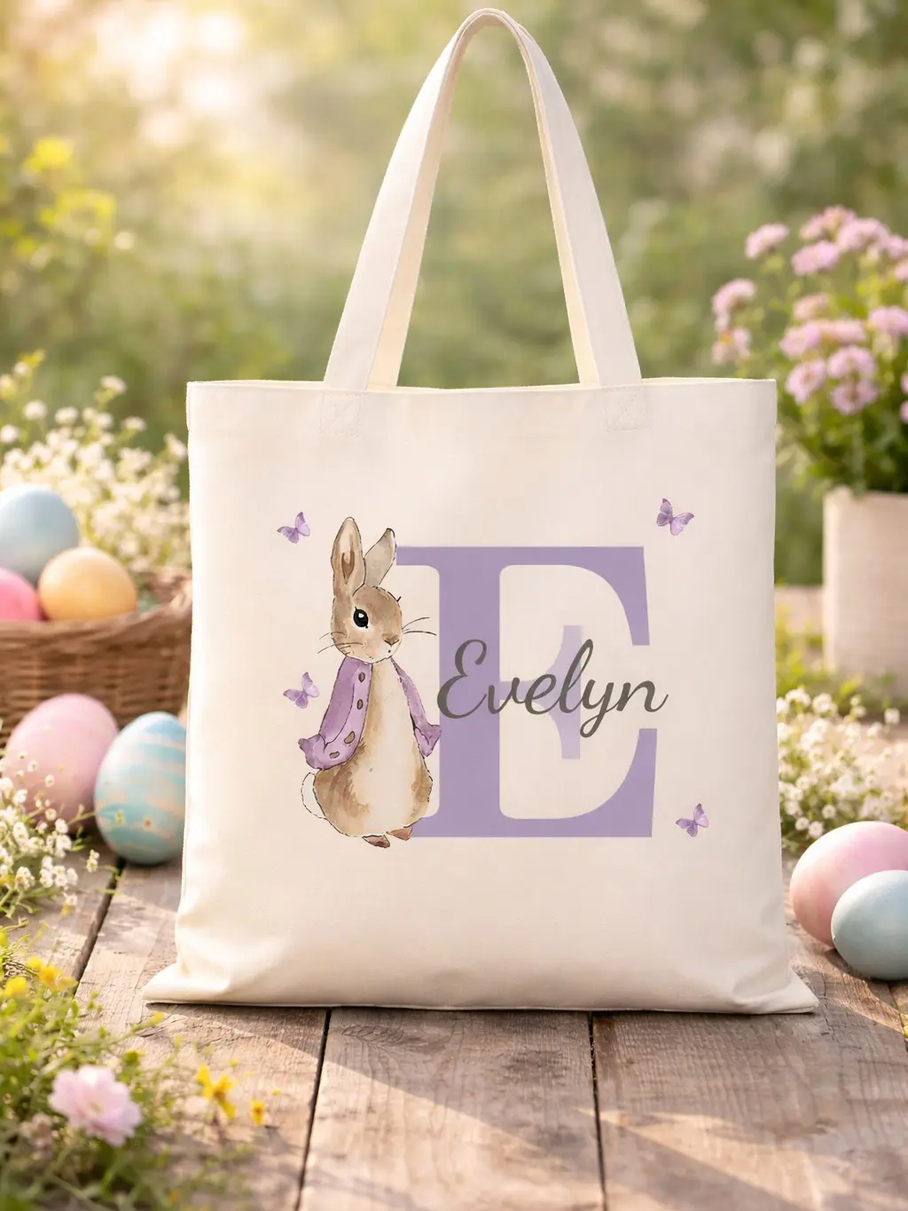 Personalized Easter Tote, Canvas Tote Bag, Custom Name Bunny Tote Easter Bag, Easter Gift Bag , Birthday Gift For Girls, Boys