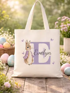 Personalized Easter Tote, Canvas Tote Bag, Custom Name Bunny Tote Easter Bag, Easter Gift Bag , Birthday Gift For Girls, Boys