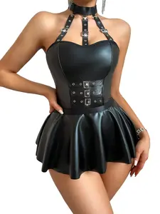 Midnight Dominatrix: Black Faux Leather Statement Dress with Choker for Bold Nights In