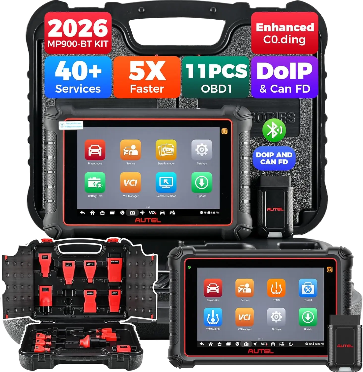 Autel MaxiPRO MP900-BT Tablet Kit - 8" Wireless Automotive Diagnostic Scanner for Peugeot, VW, with 11 OBD Adapters, ECU Coding, 40+ Services, 3000+ Active Tests, CAN-FD, DoIP, Sunroof, BMS, Clutch, TPMS, Throttle, Cylinder Checks, Hardware, 12 Months Sof